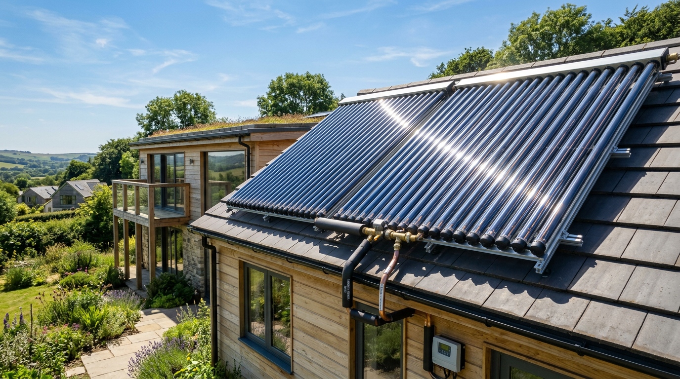 Evacuated tube solar collector installed on a sloped roof for a residential split solar water heater system